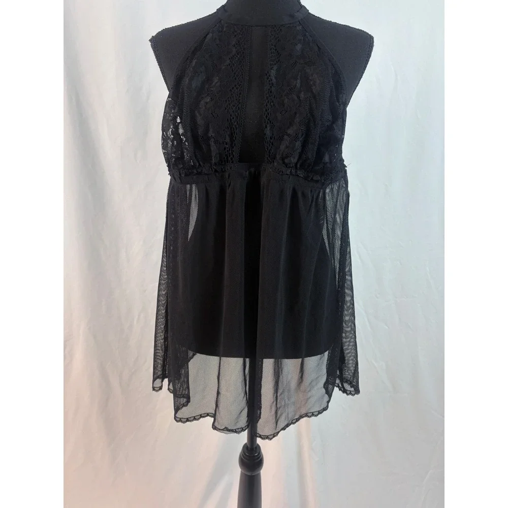 Black Sheer Mesh and‎ Floral Lace High Neck Halter Babydoll Chemise Lingerie 1X